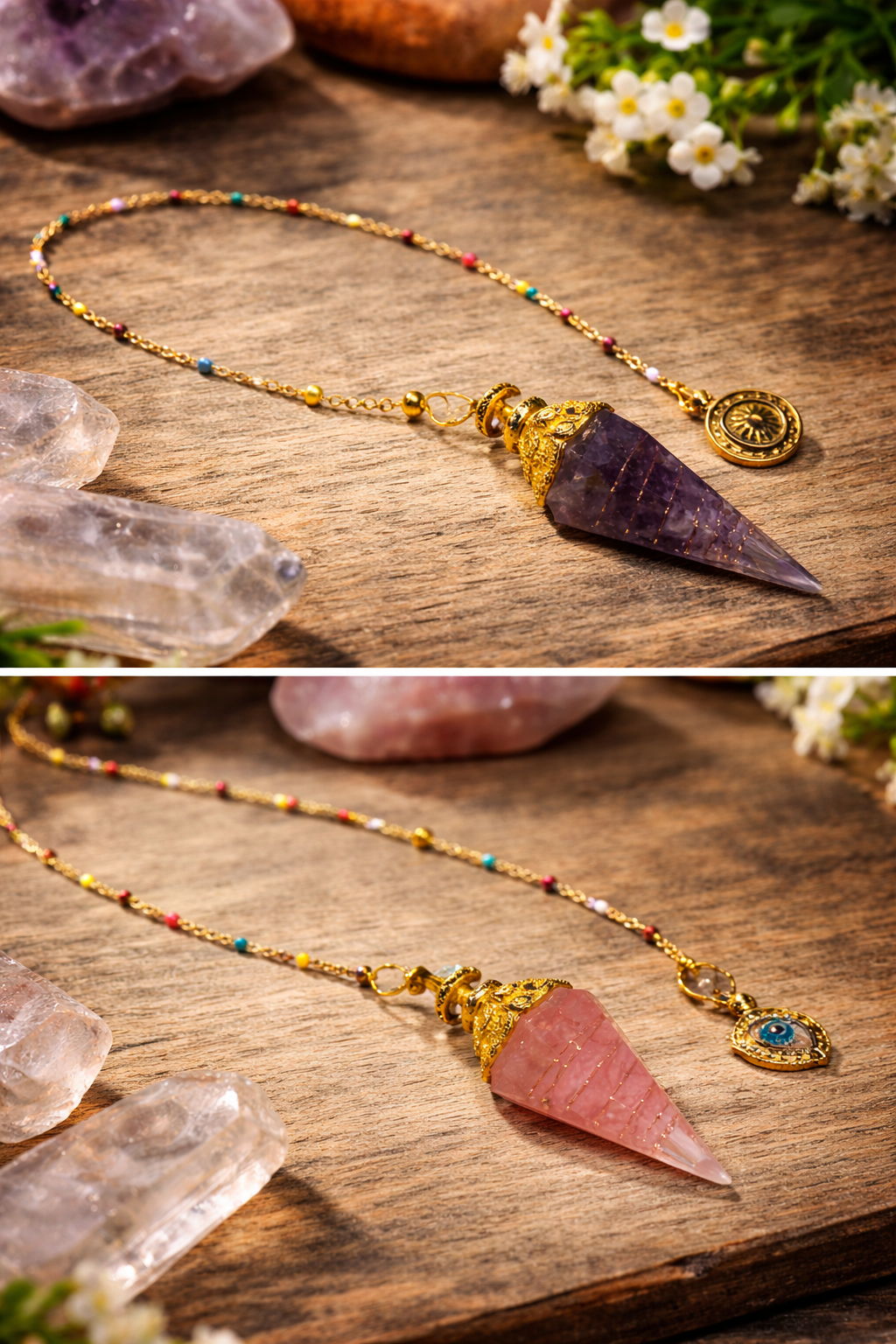 Pendule hexagonal en résine avec cristaux améthyste ou quartz rose, chaine couleur or et pendentif