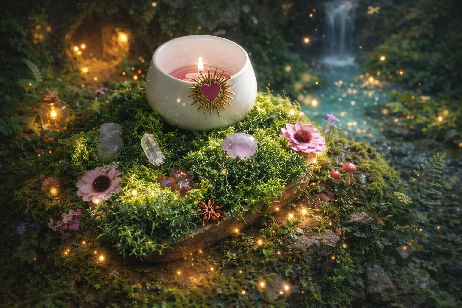 Plateau décoratif avec bougie, pierres améthyste, quartz rose et quartz clair dans un monde féerique