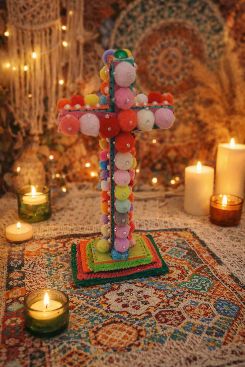 Crucifix à poser à paillettes et pompons