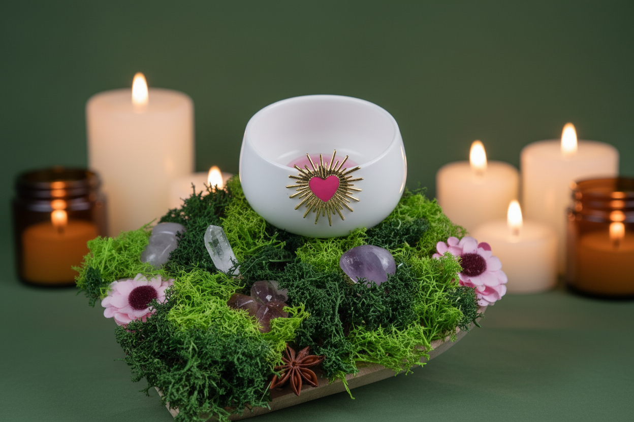 Bougie droite avec fond vert bohème