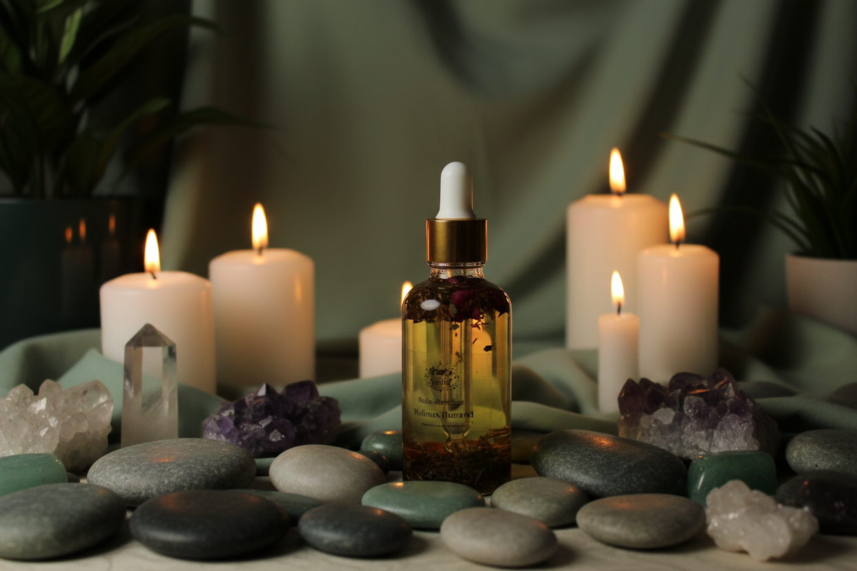 Huile d'onction avec fond vert bohème