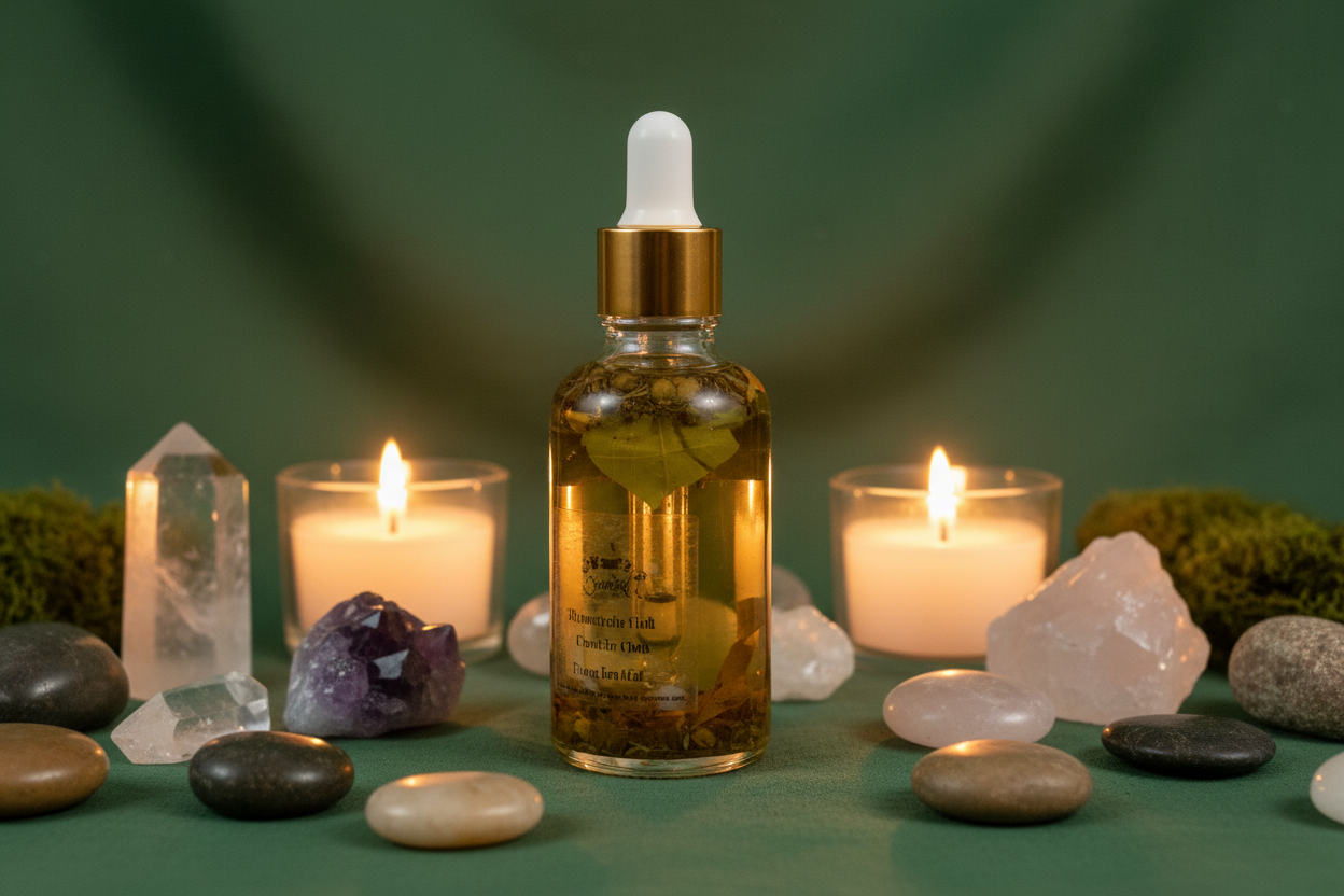 Huile d'onction droite avec fond vert bohème