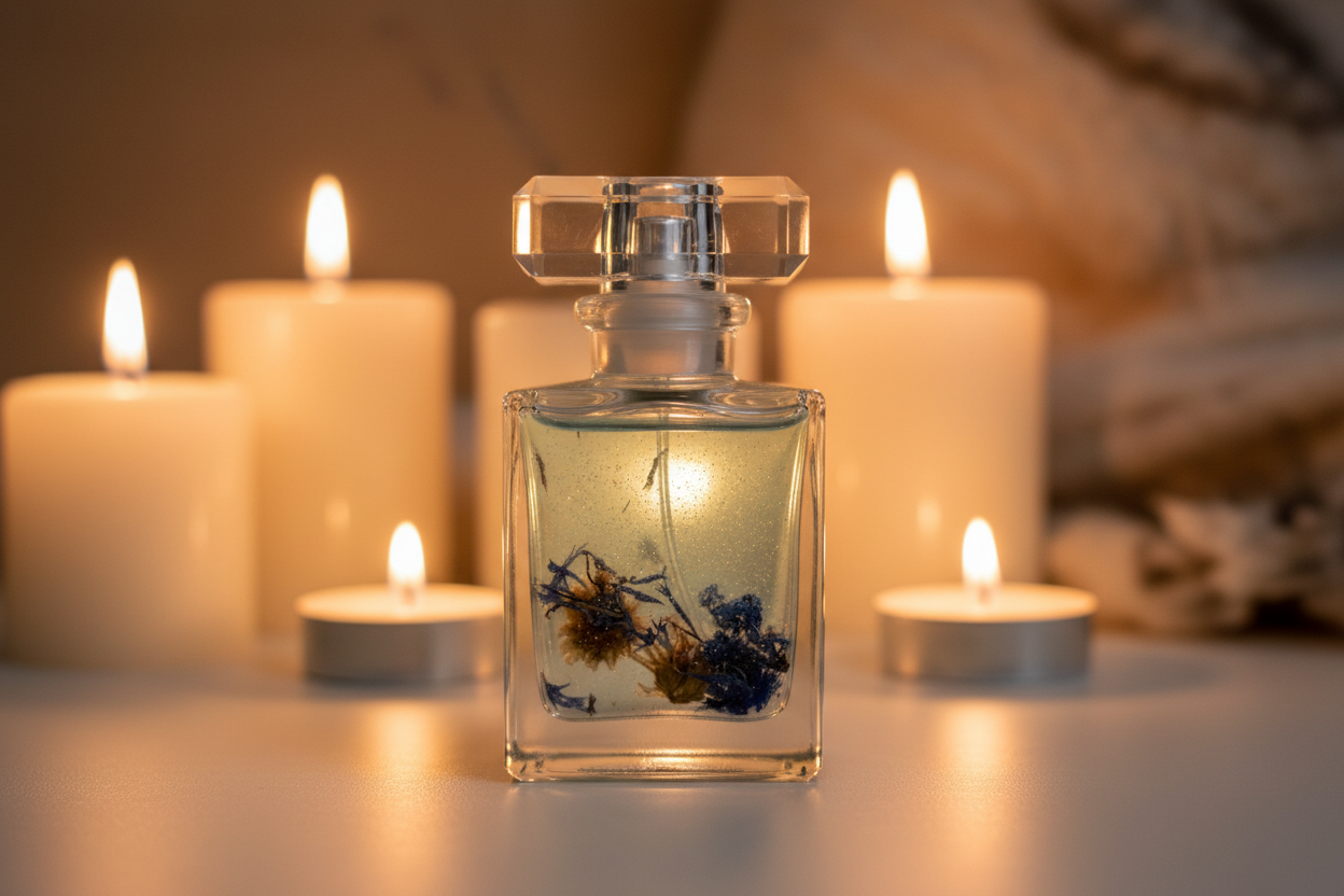 Parfum bleu avec paillettes visibles