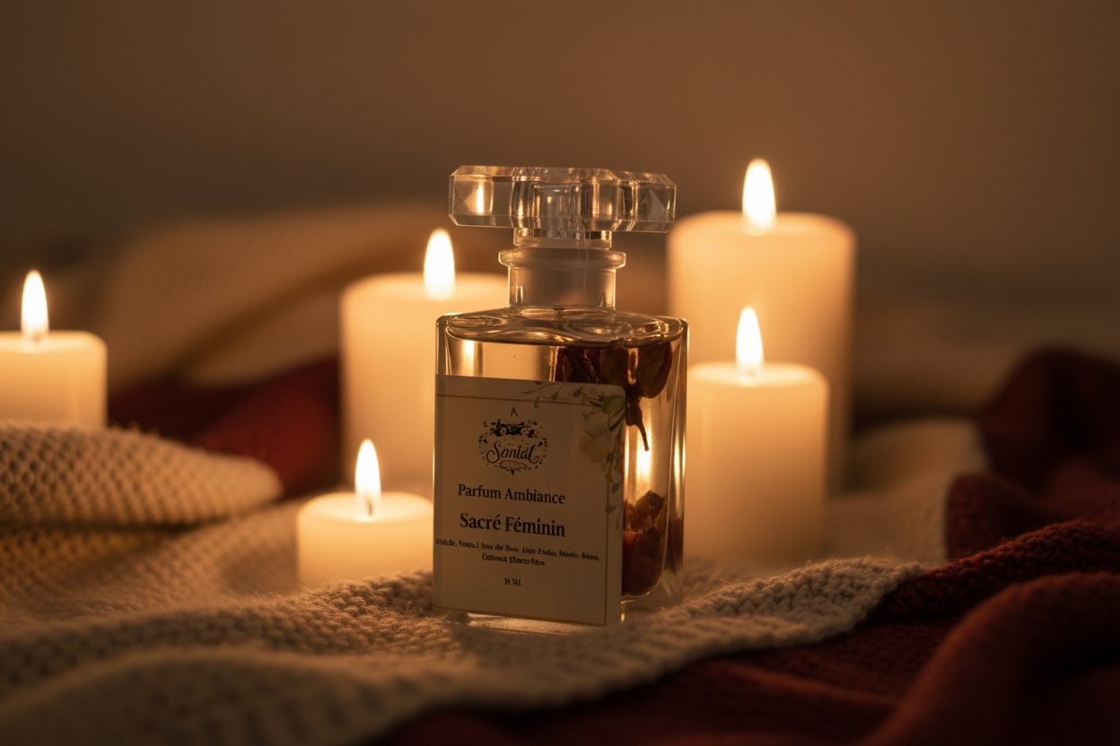 Parfum Sacré Féminin droit avec fond bougies
