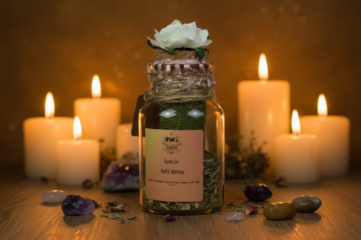 Spell jar Anti Stress avec fleur sur bouchon
